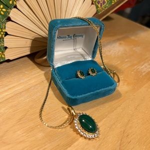 Vintage Pendant and Matching Earrings Gold Tone Malachite Stone and Rhinestones